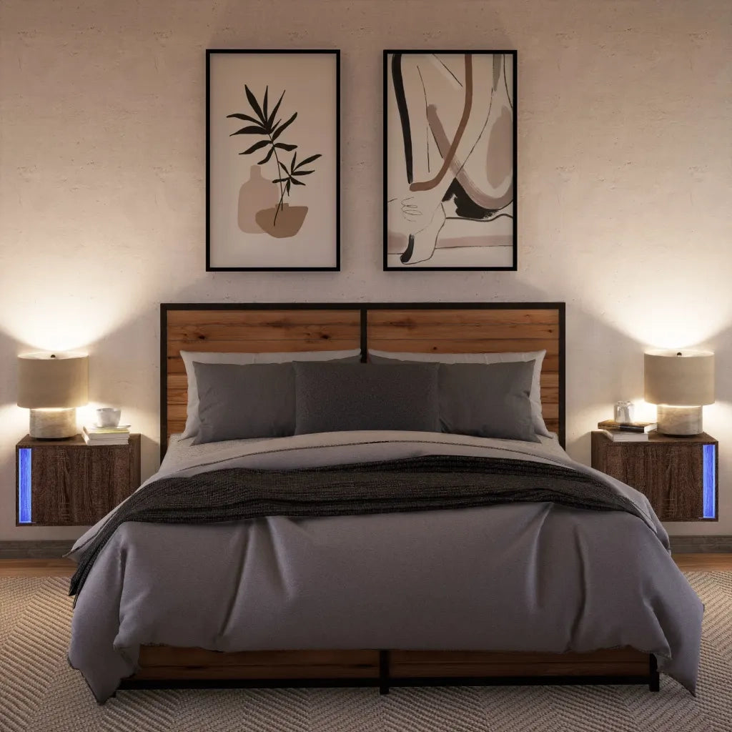 vidaXL Comodini a Parete con luci LED 2 pz Rovere Marrone