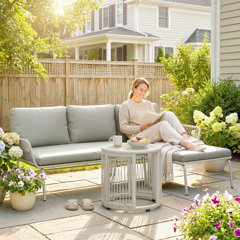 Set salotto da giardino 3 pezzi ¨C zephmum ¨C polyrattan grigio con cuscini e tavolino vetro