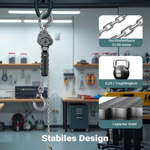 Mini paranco a catena manuale VM0.25 fino a 250 kg, altezza di sollevamento di 1,5 m, in alluminio, per il sollevamento di carichi pesanti