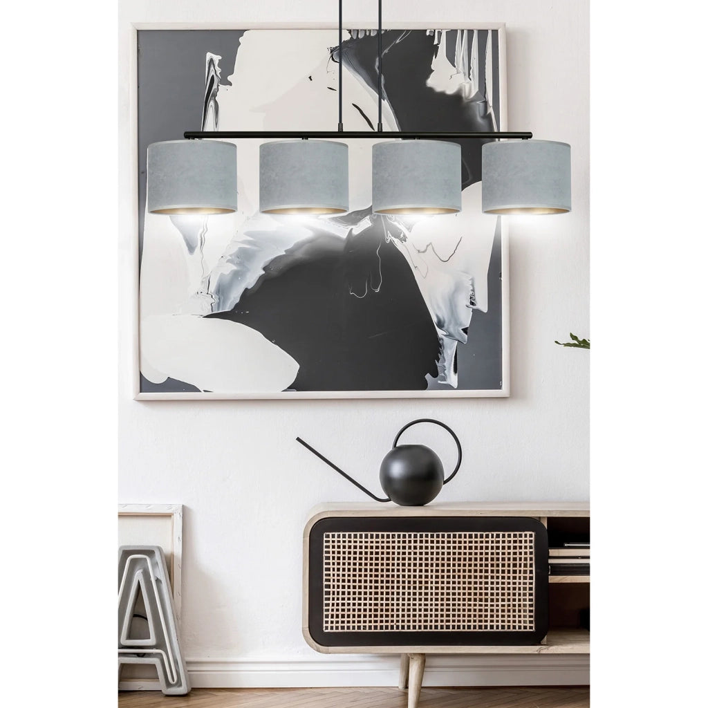 Lampadario 4 Luci Ganesha In Acciaio Nero E Paralumi In Tessuto Grigio
