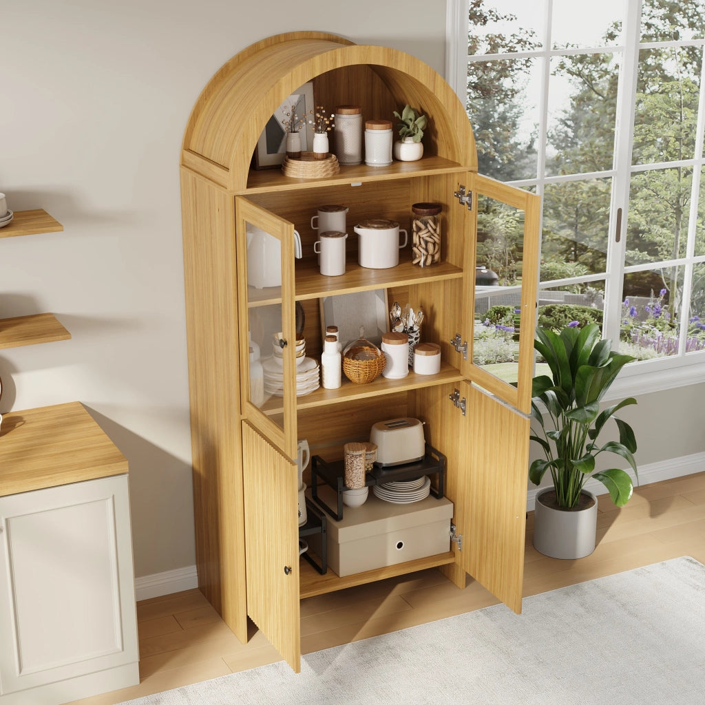 Credenza Alta con 2 Ante in Vetro e 2 Ante; Motivo Ondulato; Stile Moderno; in Pannelli; 78×40×176 cm; Naturale