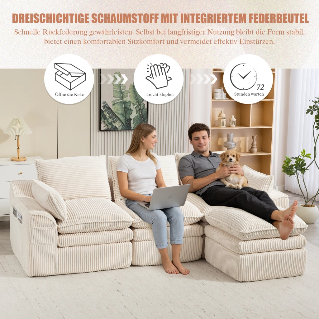 Divano modulare 3 posti in velluto a coste con cuscini, tasche laterali e schiuma a 3 strati, beige
