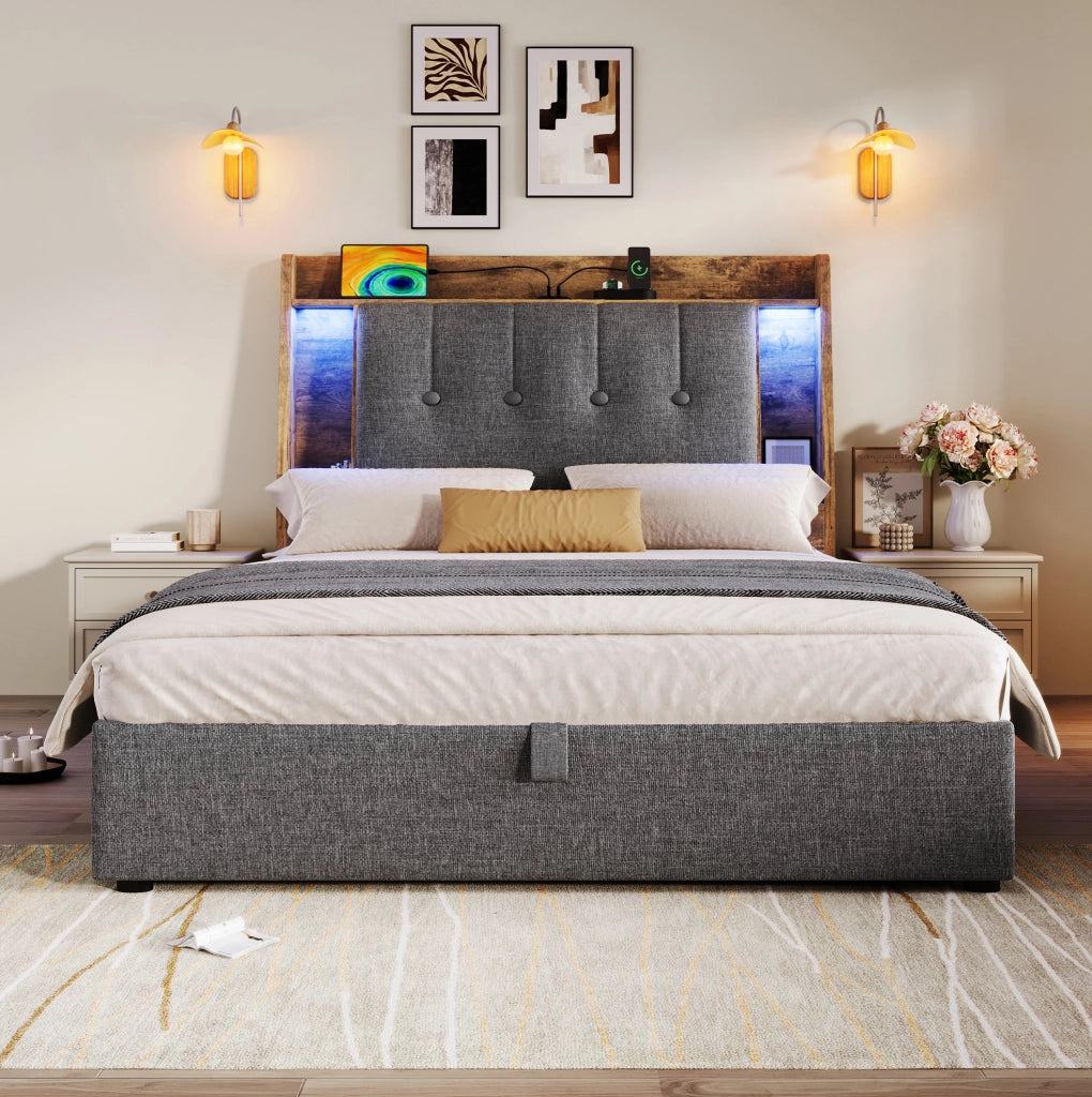 Letto imbottito 90x200 cm con USB e Type-C; contenitore ribaltabile; LED; grigio
