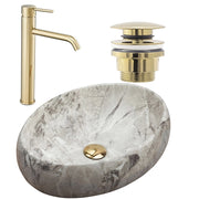 Set Lavabo Da Appoggio Linda Stone + Rubinetto Da Bagno Lungo Gold + Tappo Gold