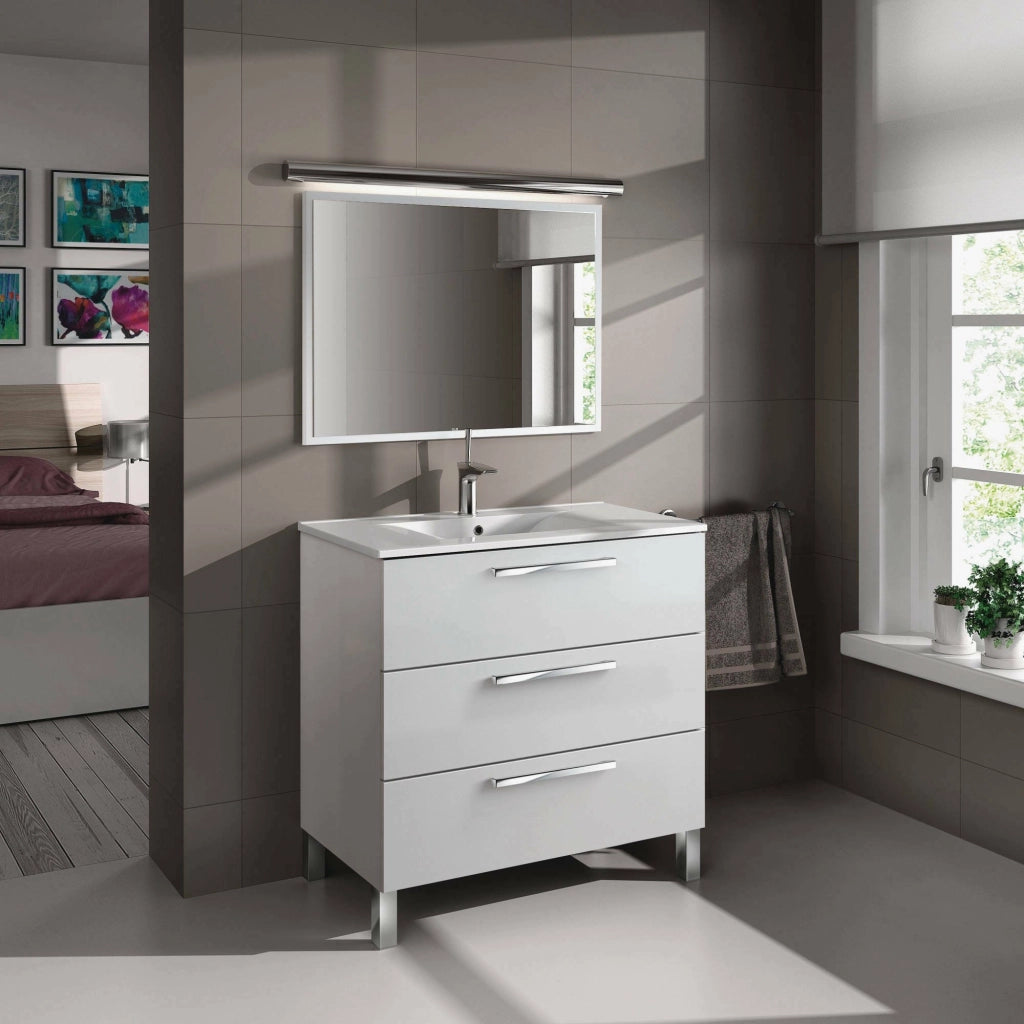 Mobile sottolavabo Elleboro, Mobiletto per bagno, Armadio a 3 cassetti e specchio, lavabo non incluso, cm 80x45h86, Bianco lucido