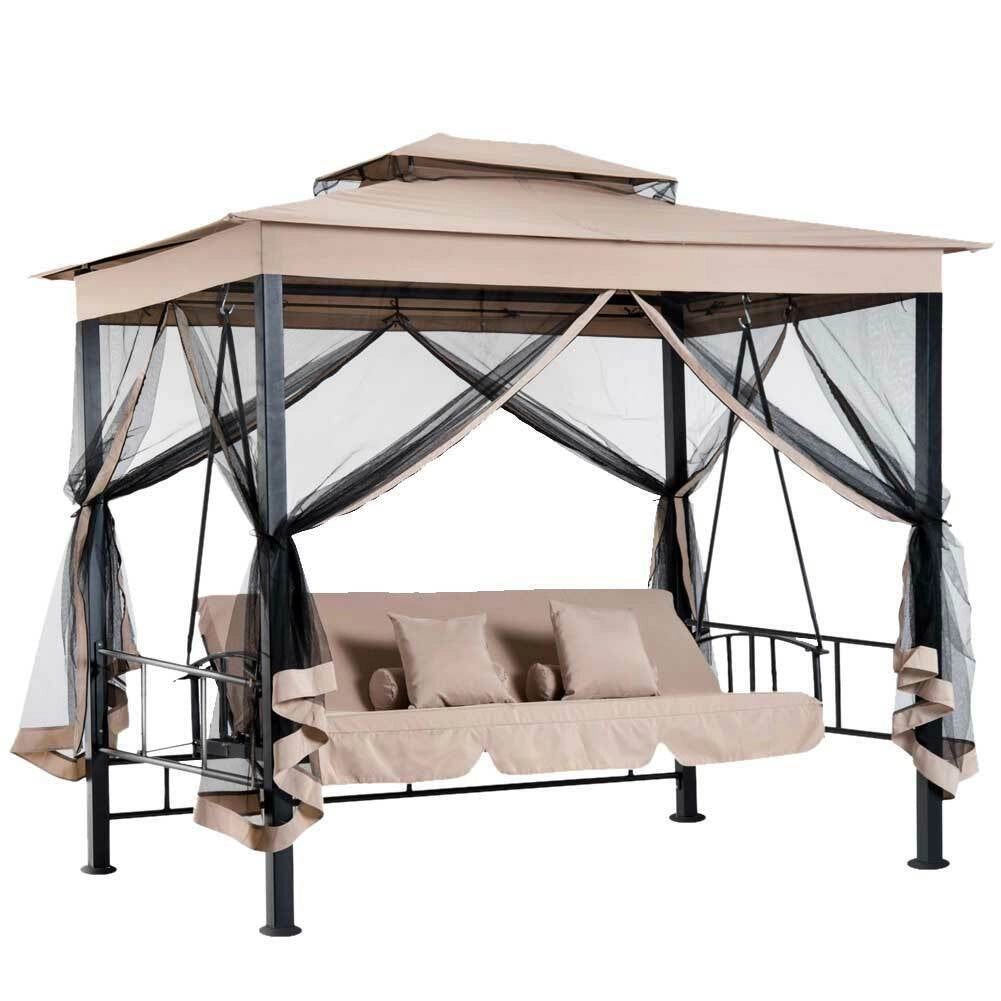 Dondolo Letto 3 posti con Gazebo Parasole e Zanzariera per Giardino 2.57mt Beige
