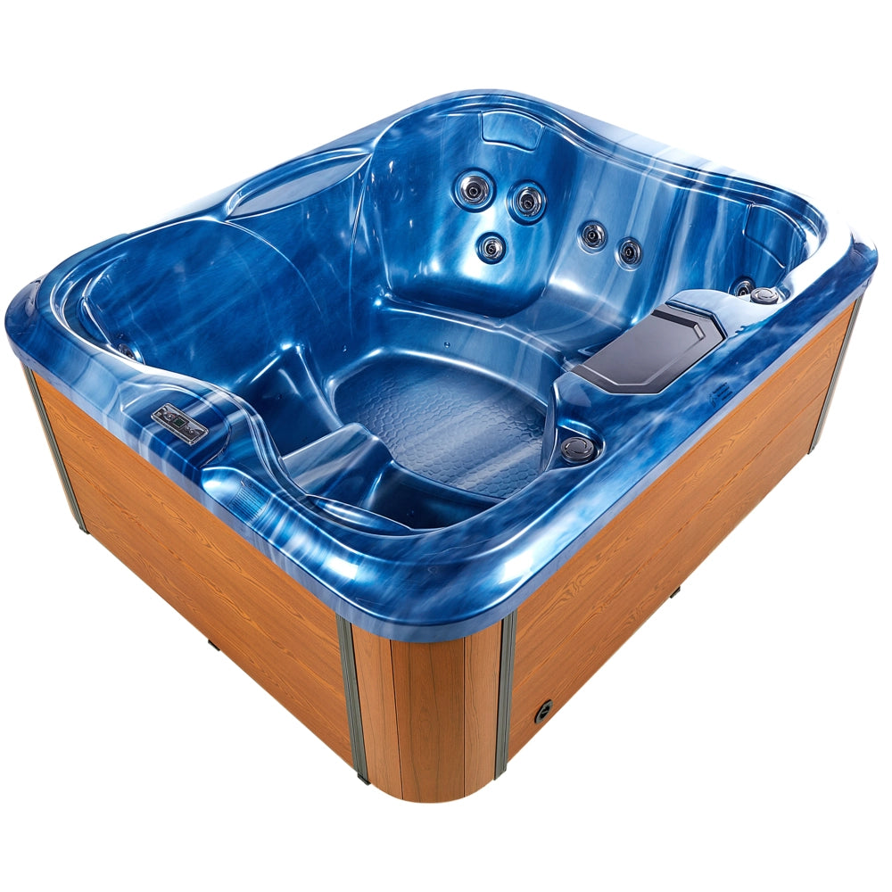 Vasca Idromassaggio Acrilico Blu 180 x 215 cm 4 Posti 19 Getti Idromassaggio Cassa in Alluminio Effetto Legno con Luce LED