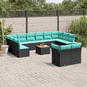 Set Divani da Giardino 13pz con Cuscini Nero in Polyrattan