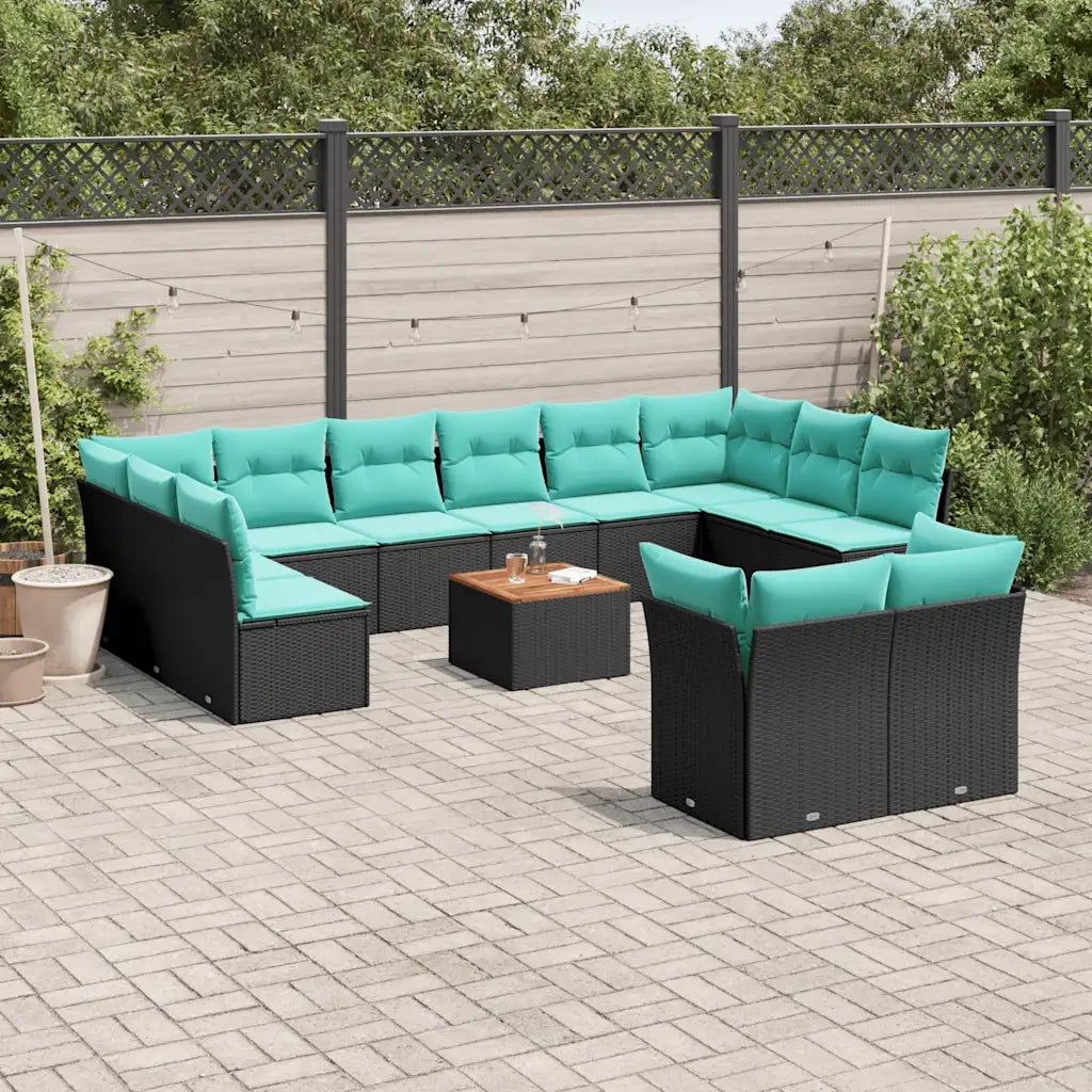 Set Divani da Giardino 13pz con Cuscini Nero in Polyrattan