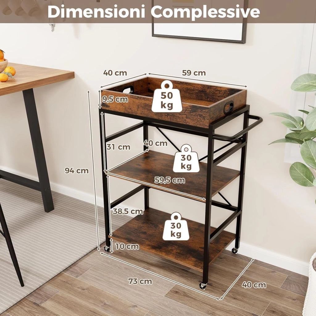 Carrello da Bar a 3 Ripiani, Carrello da Servizio Industriale con Vassoio Rimovibile, 4 Ruote Bloccabili e 1 Maniglia, Carrello da Cucina con Ruote, 73 x 40 x 94 cm