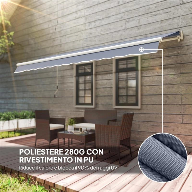 TENDA DA SOLE PER ESTERNO A BRACCI AVVOLGIBILE CON APERTURA A MANOVELLA, 360X250 CM, GRIGIO