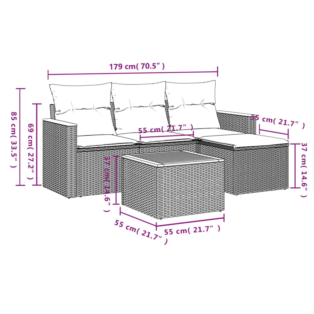 Set Divano da Giardino 5 pz con Cuscini Beige in Polyrattan