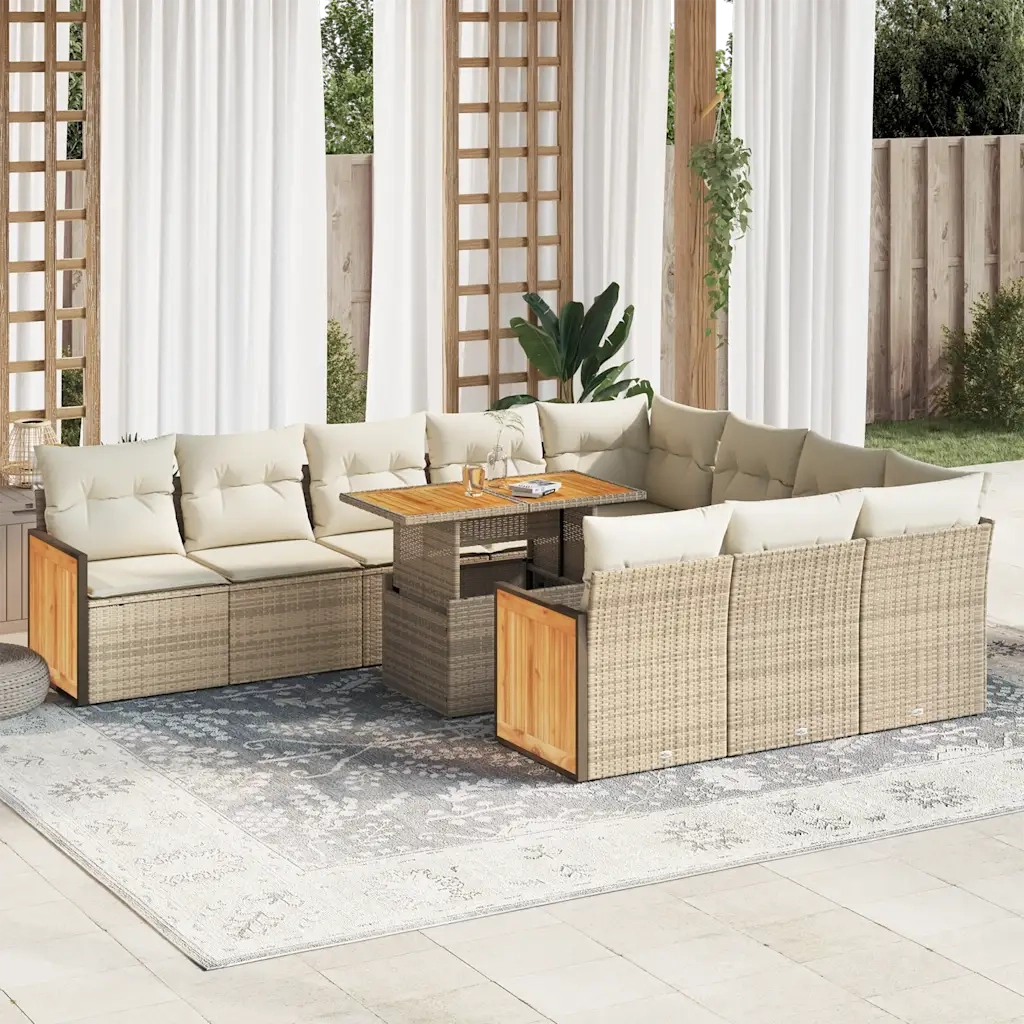 Set Divani da Giardino 11pz con Cuscini Beige Acacia Polyrattan