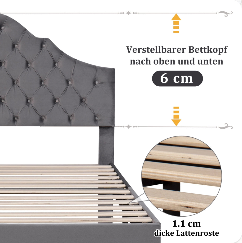 Letto imbottito matrimoniale 140x200 cm in velluto grigio con rete a doghe e testiera