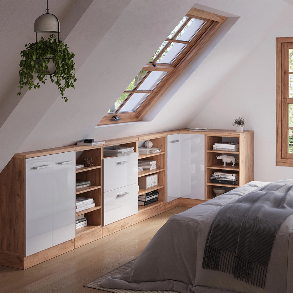 Mobile cucina angolare per sottotetto R-Line Bianco lucido/Rovere dorato 75.6 cm con 1 porta Vicco