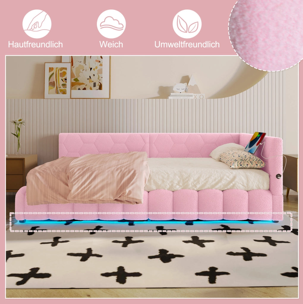 Letto daybed 90x200 cm rosa con LED, USB-C e contenitore