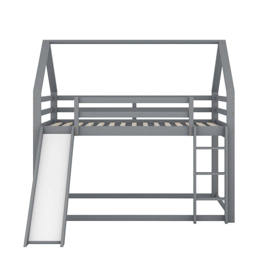 LETTO A CASTELLO A FORMA DI CASA 140x200 cm GRIGIO con scivolo e scala