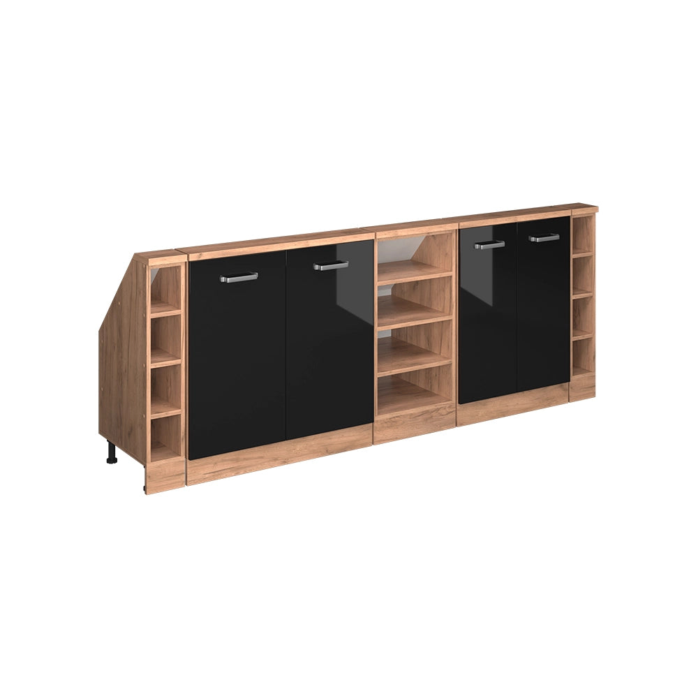 Mobile cucina sottotetto R-Line Nero lucido/Rovere dorato 210 cm Set di 5 Vicco