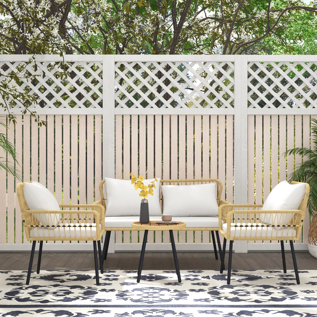 Set salotto da giardino 4 pezzi ¨C zephmum ¨C canap¨¦ 2 posti, 2 poltrone, 7 cuscini, tavolino rotondo, polyrattan