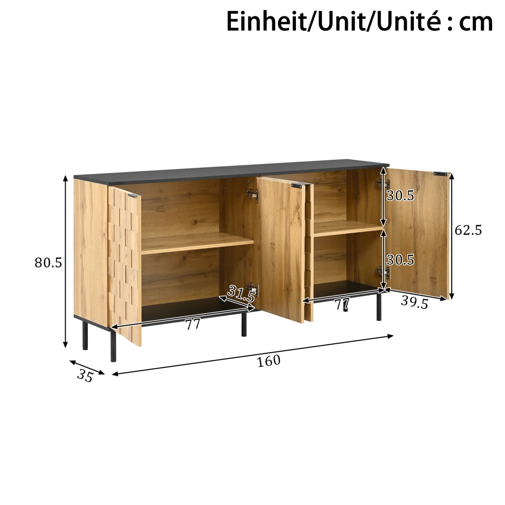 Credenza a 2 ante con ripiano fisso, effetto mosaico, per soggiorno, in truciolato, naturale e nero, 160 × 35 × 80,5 cm