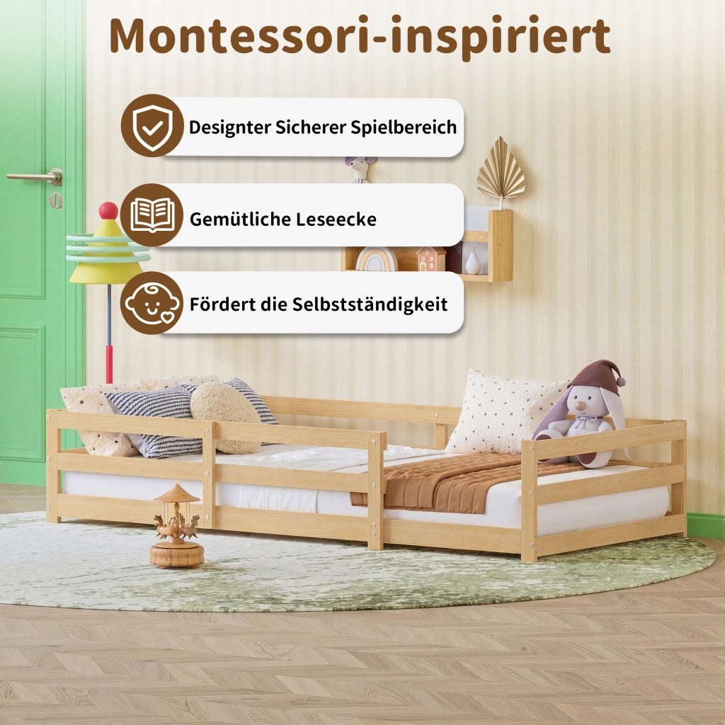 Letto per bambini 90 × 200 cm con barriera di sicurezza a 4 lati, senza materasso, in legno di pino, naturale