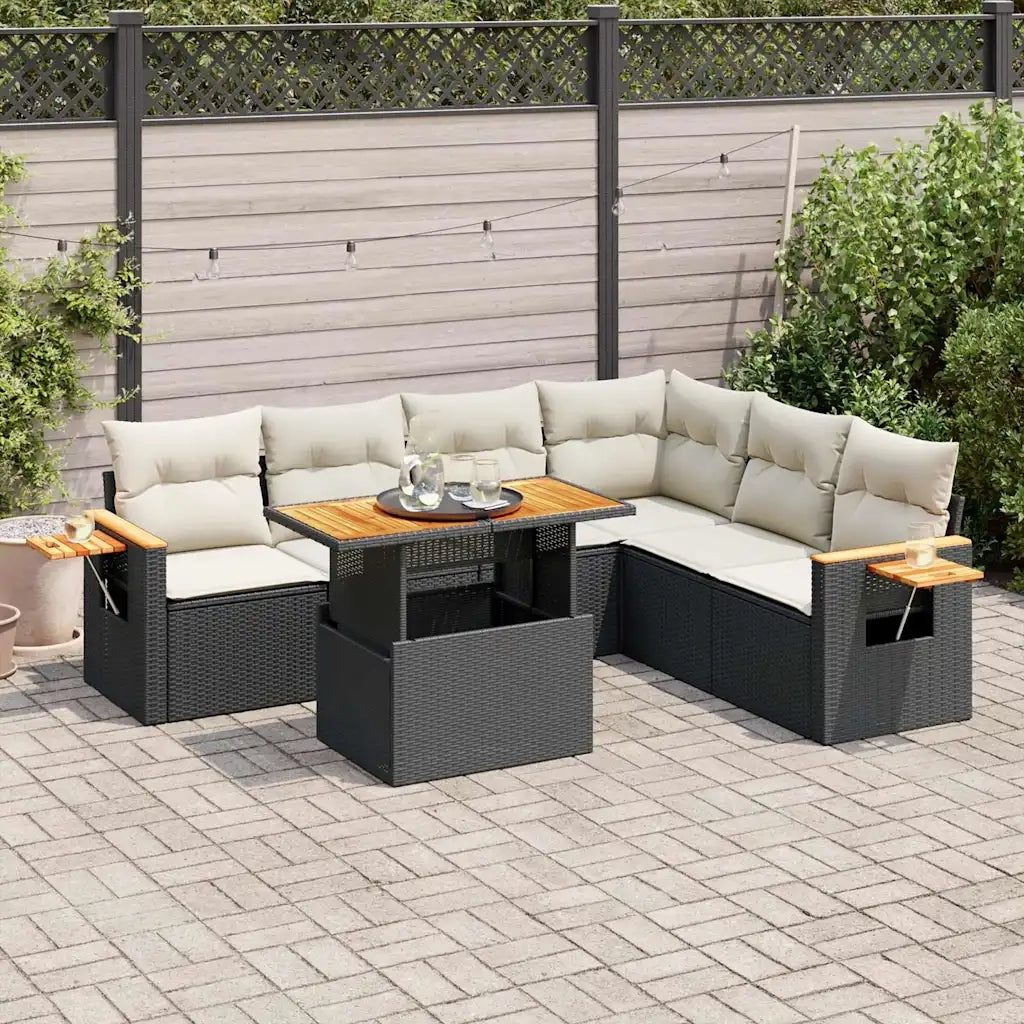 Set Divani da Giardino con Cuscini 7pz Nero Polyrattan Acacia
