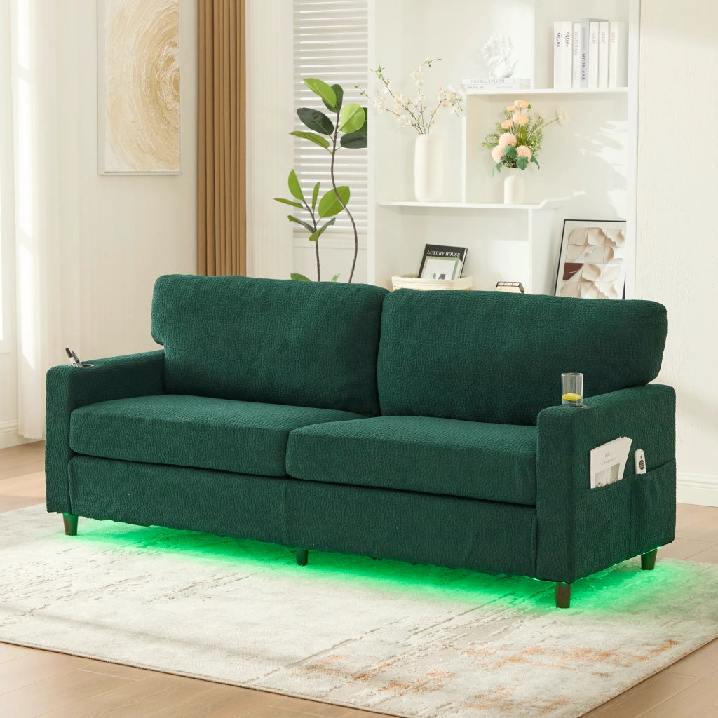 Divano 2 posti da soggiorno con usb c led dimmerabile portabevande e tasche laterali in chenille verde smeraldo