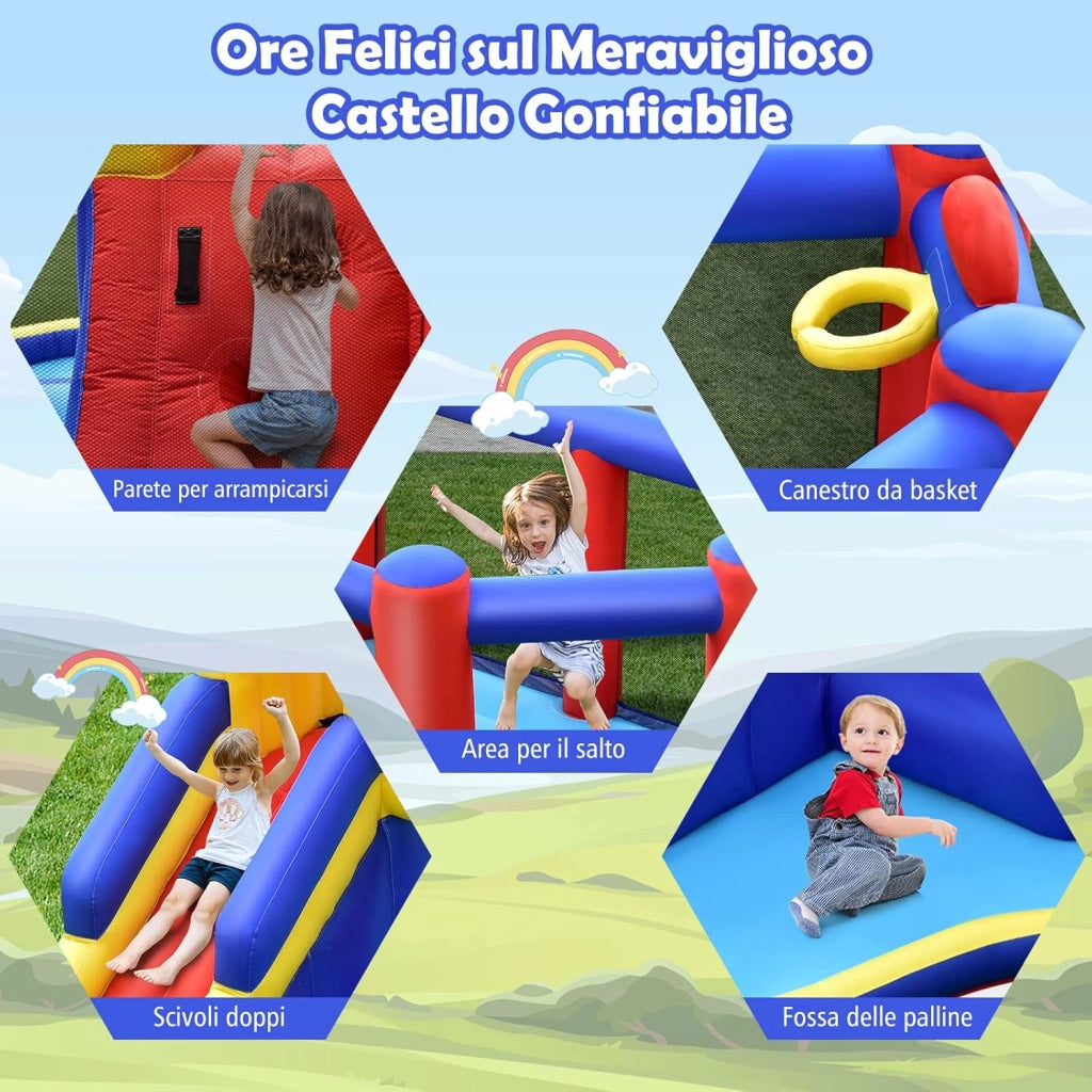 Castello Gonfiabile per Bambini, Casa Gonfiabile con Scivolo, Area per Saltare, Piscina, Parete per Arrampicarsi, con Borsa di Trasporto e Kit di Riparazione, per 4 Bambini di 3-10 Anni