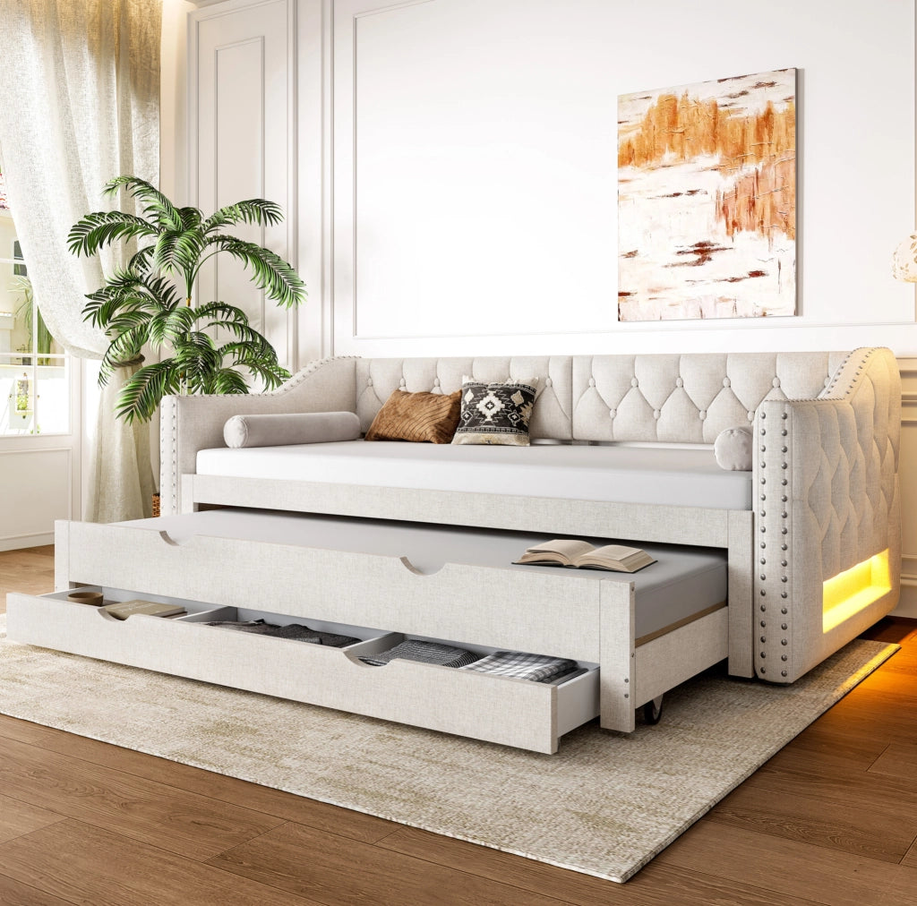 Letto da giorno 90x200 cm con LED; letto estraibile e cassetti in MDF e lino beige