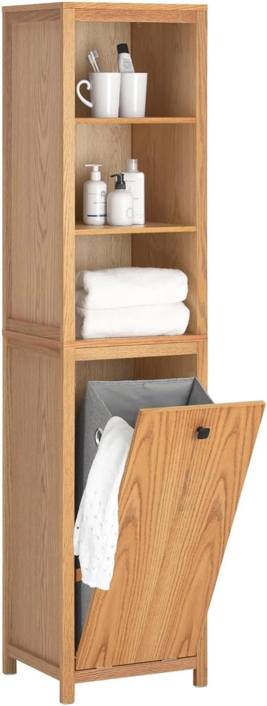 Mobile Bagno Armadio da Bagno con Sacco per Biancheria, Mobiletto Salvaspazio Mobile Lavanderia 40x172x35 cm, MDF Naturale, Grande Capacità, Facile da Montare BZR95-N