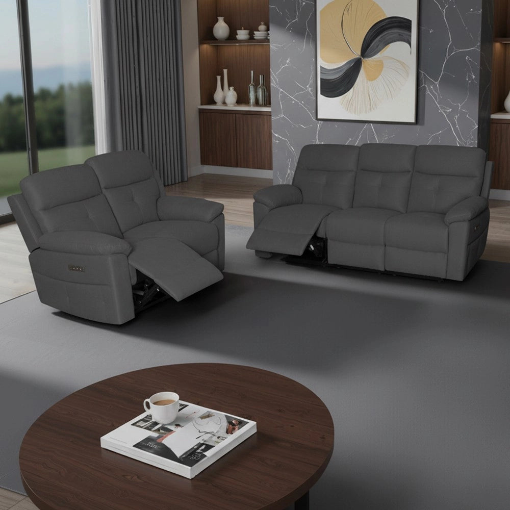 Set divani Kayde 2 e 3 posti recliner elettrici in tessuto Mia 103-27 grigio scuro