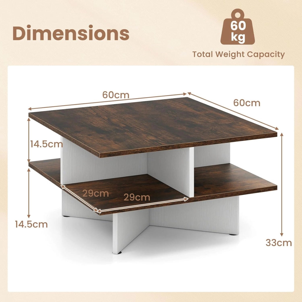 Tavolino quadrato a 2 livelli, tavolino da caffè in legno con 4 scomparti aperti e base a forma di X, 60 x 60 x 33 cm, tavolino per soggiorno, ufficio (marrone+bianco)