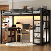 Letto a Soppalco in Metallo con LED, USB e Contenitore ¨C MINIMAL ¨C Nero 140x200