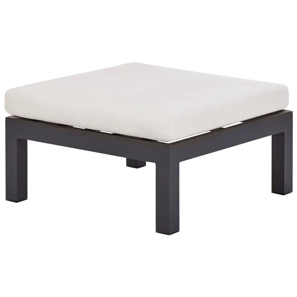 Set da giardino divano 5 posti e tavolo elevabile con struttura bianca e piano in vetro e cuscini nero e bianco sporco stile moderno scandinavo