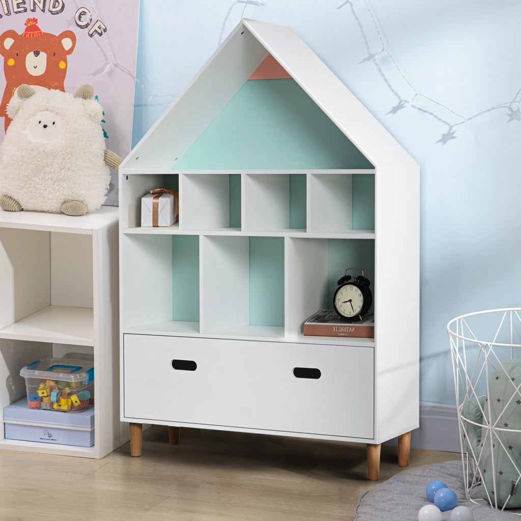 Libreria per Bambini a Forma di Casa in Legno ¨C zephmum ¨C 8 Ripiani Aperti con Cassetto, Bianco, 82x30x126 cm