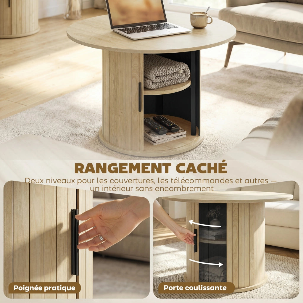 Tavolino da salotto rotondo con ripiani e porta scorrevole ¨C Minimal ¨C effetto legno naturale