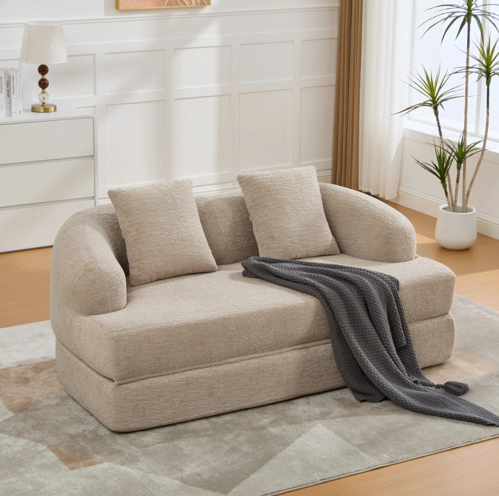 Divano letto 2 posti in chenille kaki con due cuscini, trasformabile, 157x84x65 cm