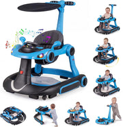 Girello per Bambini 6-in-1 Evolutivo, Centro Attività Pieghevole con Maniglia, Regolazione Altezza/Velocità, con Musica, Luci Tenda, per Neonati 6-18 Mesi (Nero+Blu)