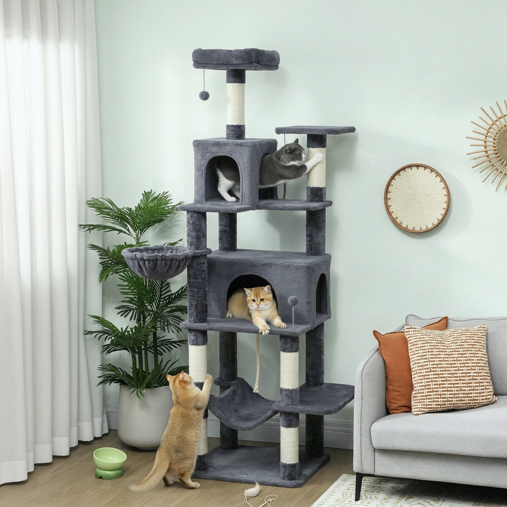 Albero Tiragraffi per Gatti con 6 Pali Sisal, 2 Casette, 2 Amache e Lettino ¨C Zephmum ¨C Grigio 202 cm
