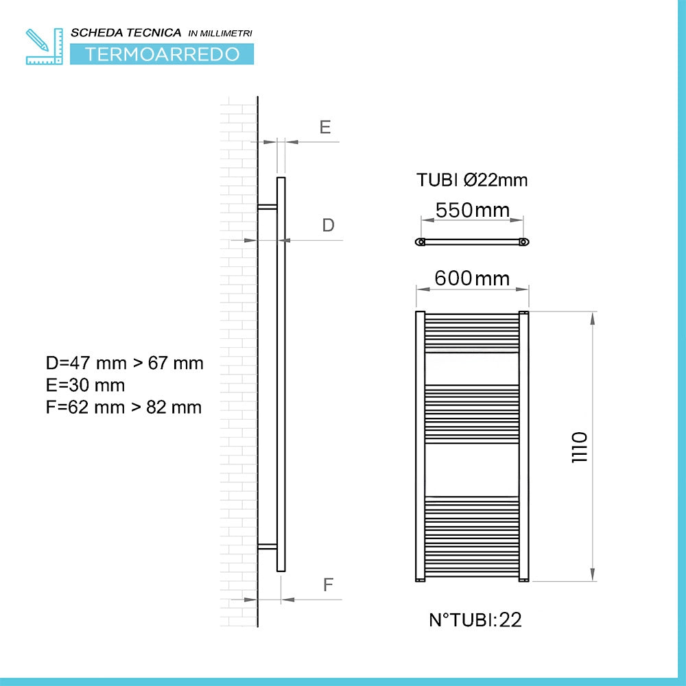 Termoarredo design nero opaco L 60x110 interasse 55 cm con Kit valvole