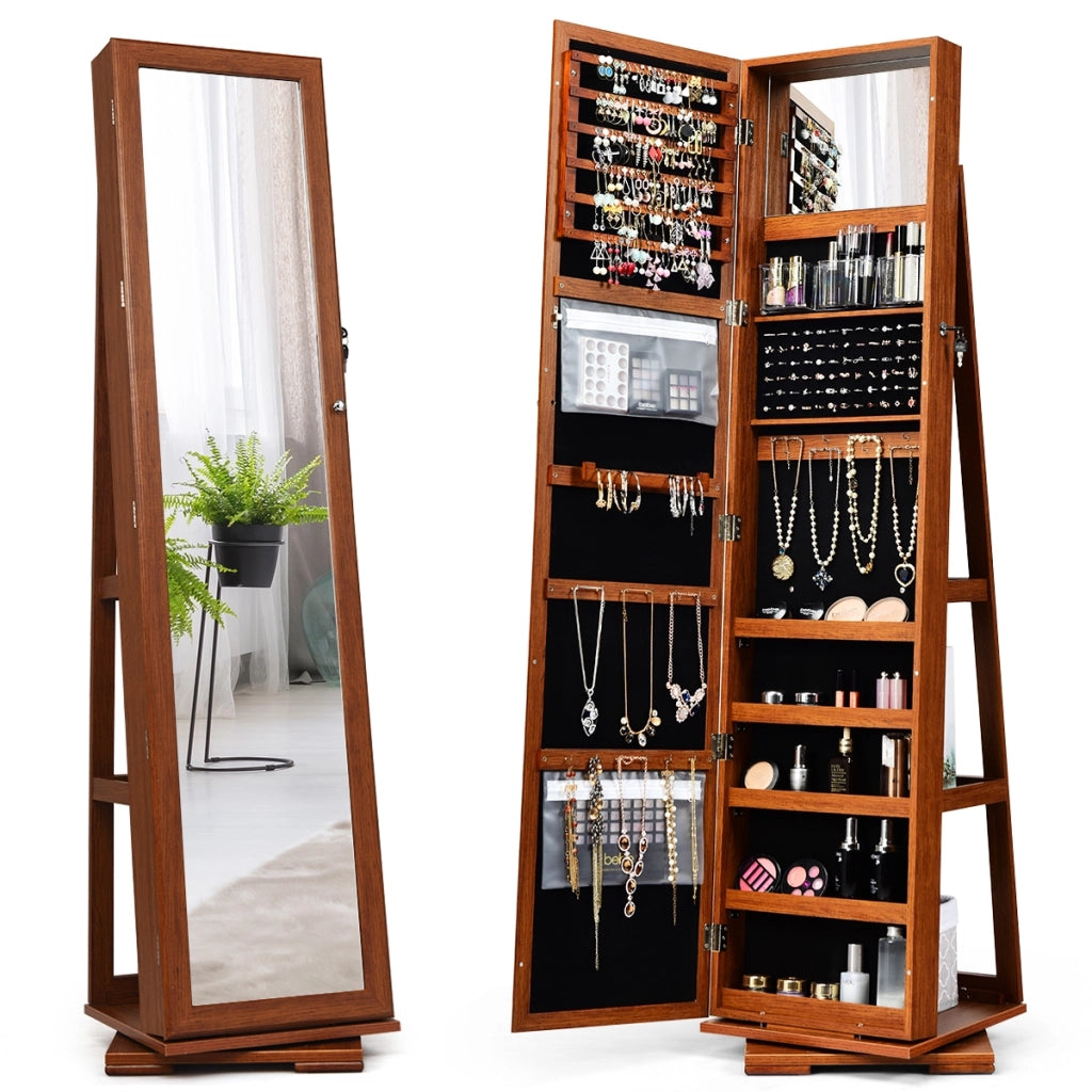 Armadio portagioielli girevole a 360¡ã con specchio, Organizer gioielli 2 in 1 a figura intera, Marrone-Armadietti per gioielli