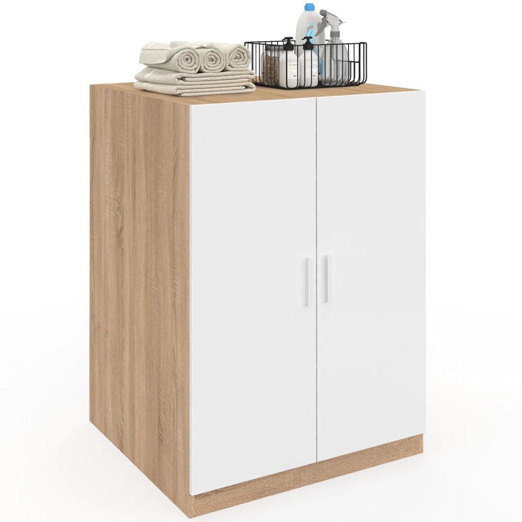 IDMarket - Armadio lavatrice con ante WALLIS in bianco e legno effetto faggio