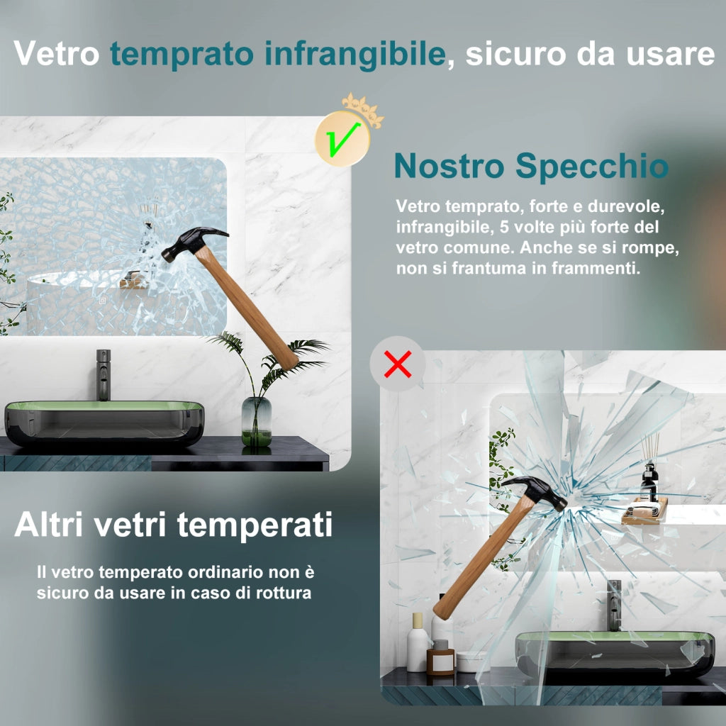 AICA Specchio 80x60cm,Memoria,Regorabile,Retroilluminato,doppio interruttore,HD temperato