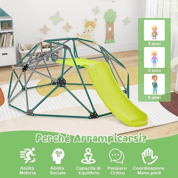 Cupola di Arrampicata, Struttura per Arrampicata con Scivolo, Capacità di Carico di 180 KG, per Bambini da 3 a 10 Anni, Ideale per Palestra, Cortile e Giardino (Stile 2 Verde Scuro)