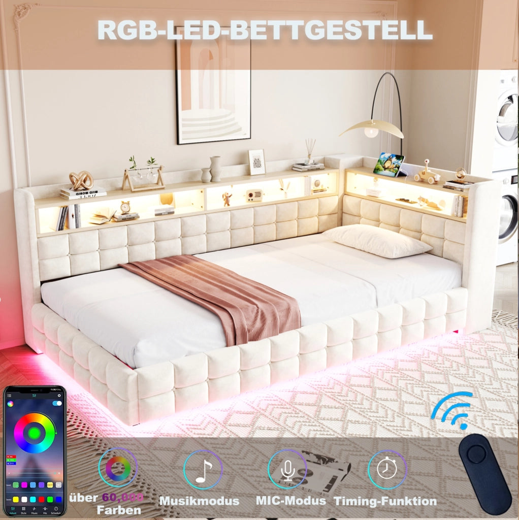 Letto imbottito con contenitore 90x200 cm in velluto beige; LED; prese e ripiani