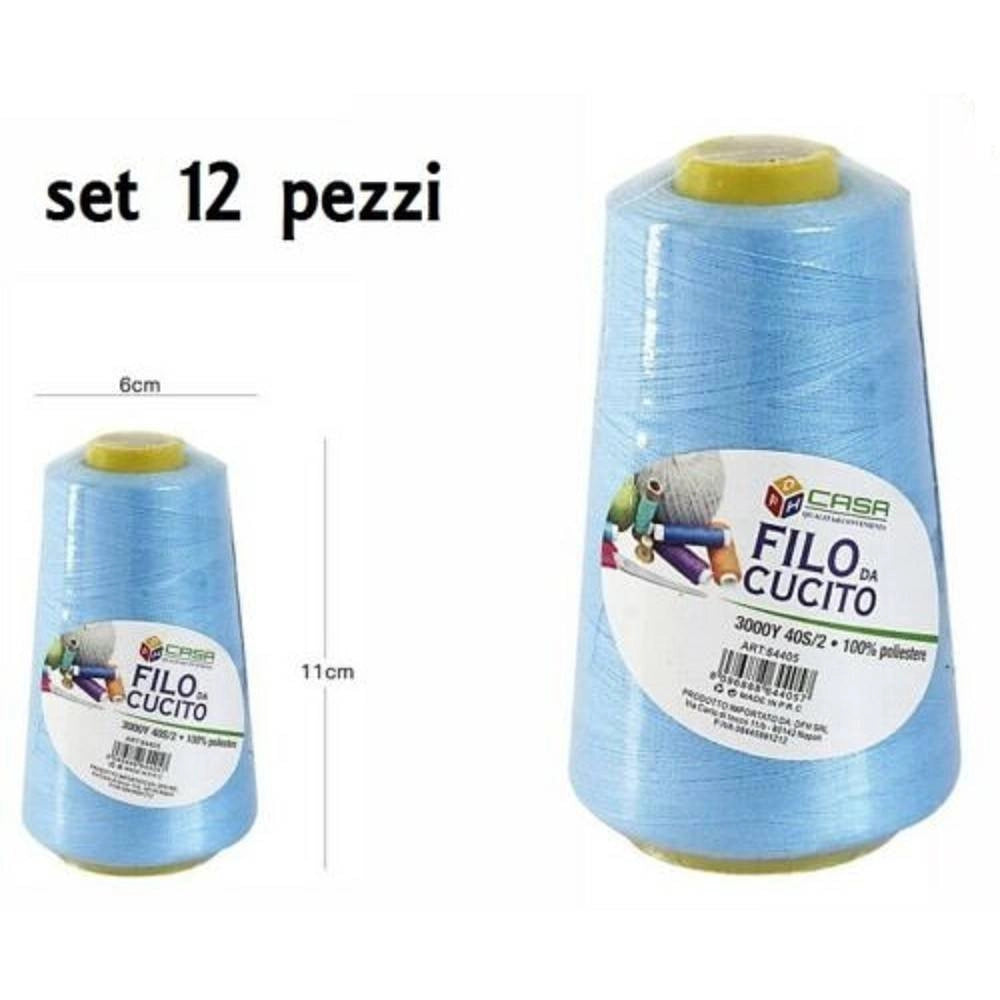 Trade Shop - Set 12 Pz Filati A Cono Filo Poliestere Cucito 3000y 40s/2 Azzurro Cotone -