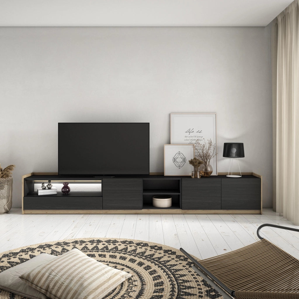 Mobile TV Soggiorno, 310x50x37 cm, Per TV fino a 80", LED, Nero e rovere