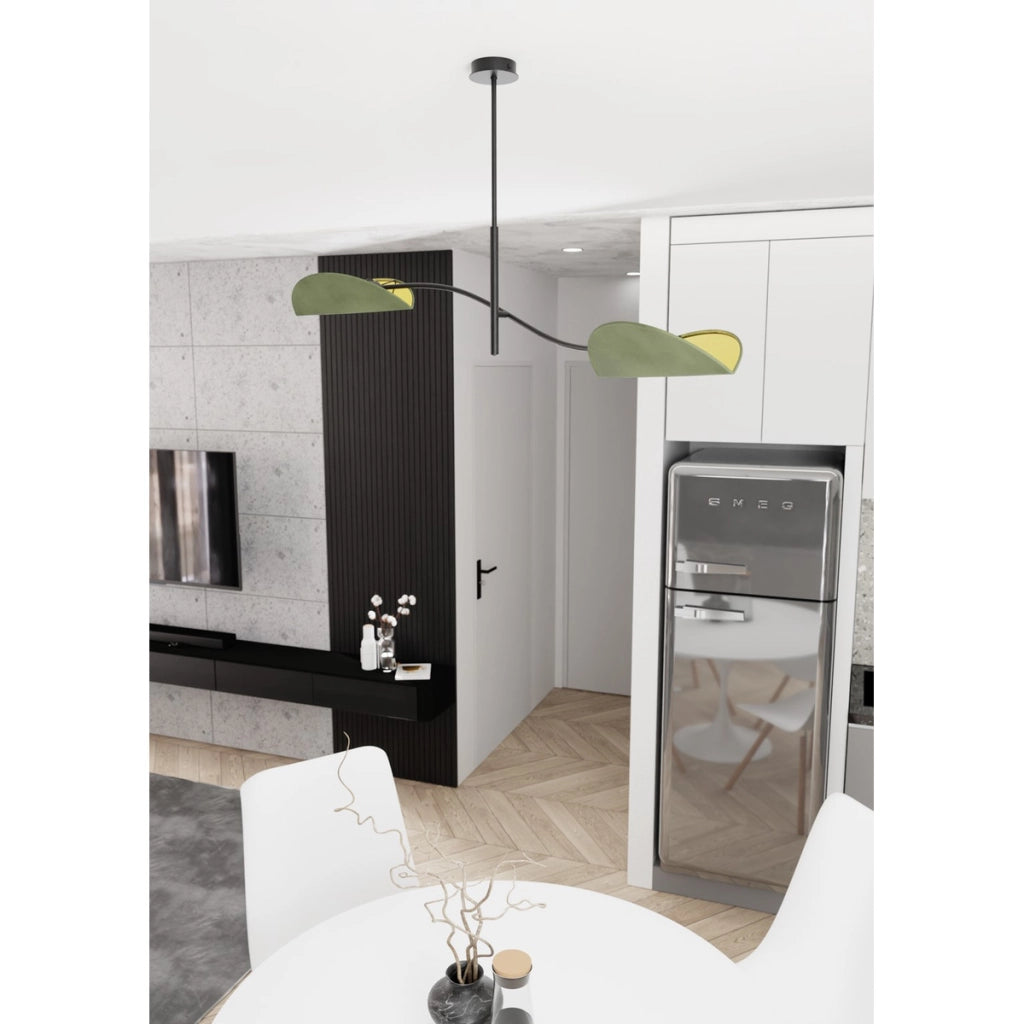 Lampada a sospensione Lotus in acciaio nero e velluto verde