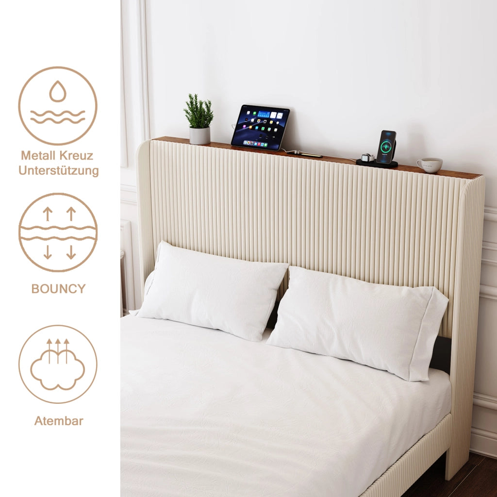 Letto imbottito 140x200 - Zephmum - Testiera in tessuto, design ali, slats metallici