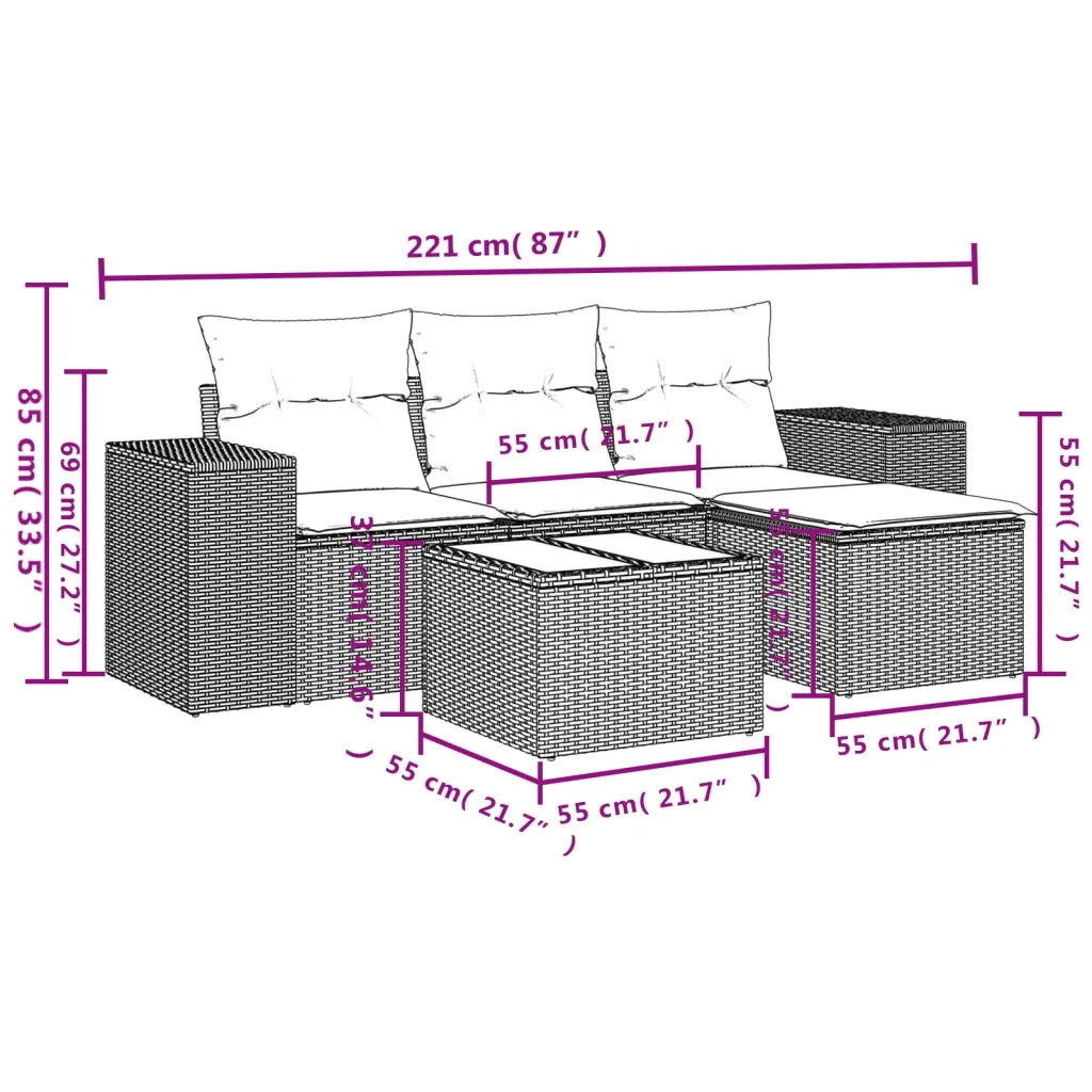 Set Divano da Giardino 5 pz con Cuscini Grigio in Polyrattan